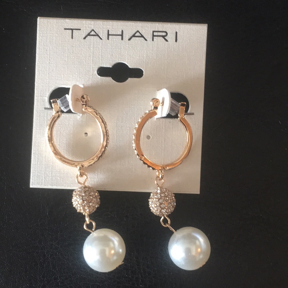 New Tahari Pave Gold Hoops, Ball and pearl earring